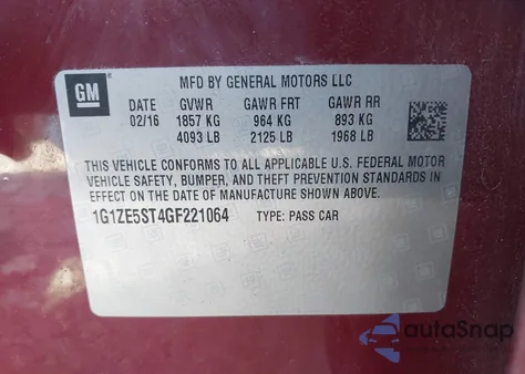 2016 Chevrolet Malibu 1Lt from USA, damaged, VIN 1G1ZE5ST4GF221064